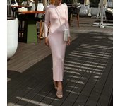 Women Spring Autumn Solid Color Bodycon Knit Sleeve Crew Neck Ribbed Slim Fit Long Dress