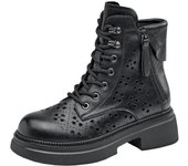 2025 nuevas botas huecas de cuero Martin plataforma para mujer versión coreana cremallera de doble cara botas de cuero para mujer zapatos casuales con cordones