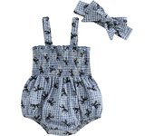 Pudcoco Baby Girls Summer Smocked Romper Plaid Bow Print Sleeveless Suspender Jumpsuit with Headband