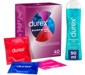 Durex - Surprise Mix 40 Condones Surtidos + Lubricante Frescor  50ml, Dame Placer, Sensitivo Suave, Extra Seguro y Estimulante Suave