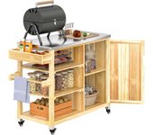 Outsunny Carrito de Parrilla Carrito de Barbacoa de Madera Carro de Servicio con 4 Ruedas Estantes Armario Encimera de Acero Inoxidable Toallero y Especiero para Jardín Patio 134,5x50x91,5 cm Natural