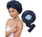 Gorro de satén, gorro de dormir de seda, gorro de dormir de seda, gorro de pelo de doble capa con lazo elástico, adecuado para cabello rizado, gorro de dormir