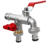 Grifo de agua de latón doble de primera calidad de 1/2 pulgada (15/21), resistente al óxido y a las heladas + 2 conectores de manguera gratuitos + libro electrónicoPara jardín, lavadora, barril de lluvia