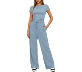 Fashion Classic Skinny Two Piece Outfits Summer Short Sleeve Ruched Tops And Wide Leg Long Pants Tracksuit Matching Set For Lady