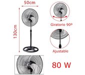 Ventilador de Pie Industrial - Ventilador Silencioso Redondo Oscilante - 3 Velocidades - Cabezal Inclinable - Potencia de 80W - 1,30 m x Ø50 cm - Kmt Style