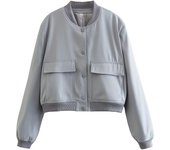 TRAF Women's Bomber Jacket Long Sleeve Coat with Pockets Retro Front Button Jacket Elegant High Street Jacket New Jacket Tops