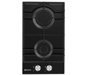 Meimon Encimera de Gas Johnson con 2 zonas de cocción, cristal negro, parrillas de hierro fundido, autoencendido, mandos en color plata, válvula de seguridad, preparada para gas butano, kit gas natural incluido, 9x30x52 cm, nicho 26,2x48 cm
