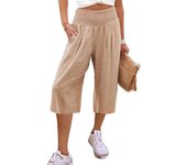 Women's Casual Pants Wide Leg Cropped Pants Cotton and Linen Waist Cover Comfortable Casual Thin Wide Leg Cropped Pants