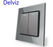 Delviz Toughened Glass Switch, Gray Crystal Panel 16A Wall Power Socket, AC 110V-250V 86mm*86mm, 1 Gang 2 Way Push Button Switch