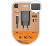 TECH ONE TECH Cargador rápido doble con salidas USB 2,4A inteligentes + cable USB C 37x24x77mm color negro