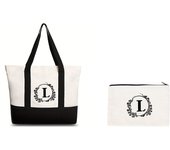 Blue and white porcelain black letter printed canvas beach bag, fashionable and trendy handbag, canvas shopping bag