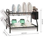 Escurreplatos Grande Negro sobre Fregadero, de 2 Niveles, con Bandeja Recogegotas y Portacubiertos para la Vajilla, Estante de secado de platos de 2 capas con bandeja de drenaje - Gran estante de platos metálico con drenaje, soporte de vidrio, soporte de