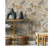 Muestra DIN A4 de Papel pintado vinílico de hojas étnicas fondo gris con texturas estilo tropical - Aruba Palm 682002 de GAULAN