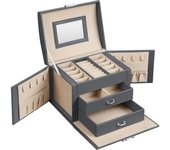 Caja Joyero de 3 Niveles, Caja para Joyas con Asa, 2 Cajones, Espejo, Cerradura, para Viajar, Estilo Moderno, Regalo para Seres Queridos