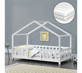 Cama para niños Treviolo forma de casa pino con colchón 70x140 cm blanco mate [en.casa][neu.haus]