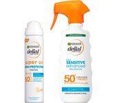 GARNIER | Delial Pack SUPER UV FPS50+ Bruma Protectora Facial con Textura Invisible +Spray Protector Sensitive Advanced Adultos crema solar para pieles claras, sensibles e intolerantes al sol IP50+. Muy resistente al agua, 0% graso, 0% pegajoso - 40+270ML