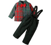 Baby Boy Christmas Outfits Party Gentleman Necktie Plaid Shirts and Green Corduroy Overalls Pants Kids New Year Toddler Costume