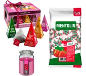 Pack surtido: MENTOLIN FRESA MENTA S/A BOLSA 1KG + WELL HOME - Vela perfumada de frambuesa + WELL HOME - Caja de Té Joyfull con variedad de sabores