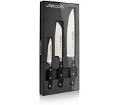 Arcos Riviera - Juego de Cuchillos de Cocina Profesional (Mondador 100 mm, Santoku 140 mm, Chef 200 mm) - Acero Inoxidable Forjado NITRUM, Mango Ergonómico Negro - 3 Piezas en Estuche