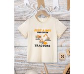 Stylish Cool Boy Black T-shirt Just a Boy Loves Tractors Print Summer Children's Clothing Fine Comfy Fabric Round Neck Tops