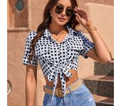 Y2K Cross Tie Crop Tops Women Summer New Plaid Slim Short Sleeve Lapel Shirts Female Vacation Style
