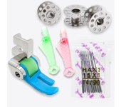 Accessories for old-style household treadle sewing machines: plastic roller presser foot and needle set