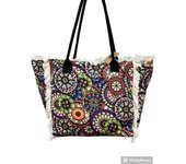 MEJORADA Bolso de playa o piscina grande con estampados de Mandala,con fleco de borla blanco de algodon,tamaño 55*37*19CM.contiene bolsillos interior y forros.tejido 100% poliéster