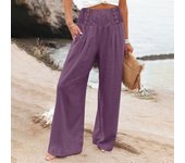 Summer Cotton Linen Wide Leg Pants Women Loose Palazzo Pant Pocket Elastic Waist Button Casual Pant Pants for Women Women’s Pant