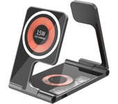 DAM. Base de carga plegable 5 en 1. Base Magsafe 15W , cargador de Apple Watch y base Qi. Función stand doble. 10,9x6,4x1cm