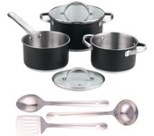 Batería de cocina 5pc Ø16Ø20Ø24 con tapas + Juego de 3 utensilios en acero inox San Ignacio