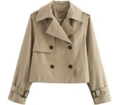 New Autumn Women Solid Cropped Trench Coat Vintage Double Breasted Long Sleeve Short Jacket Lapel Collar Windbreaker