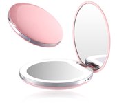 Espejo de bolsillo con luz LED, aumento de 1x/3x - Espejo de maquillaje de mano grande con luz natural (rosa)