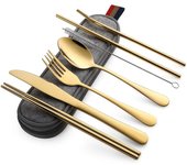 Devico Utensilios Portátiles de Viaje, 8 Piezas, Acero Inoxidable, Estuche Portátil (negro)