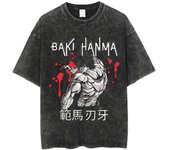 Anime Baki Washed Tshirt Harajuku Summer 100% Cotton Short Sleeve Oversize Tees Vintage Streetwear Baki Hanma Print T-Shirt