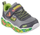 Zapatillas niño Skechers Play Scene con dinosaurios color gris y verde con cierre de tira adherente y elasticos muy ligeras y divertidas deportivos Skechers para peques