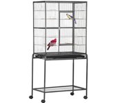 PawHut Jaula para Pájaros con Ruedas 81x48x162,5 cm Pajarera Metálico con Bandeja 4 Perchas 4 Comederos y Estante de Almacenamiento para Periquitos Canarios Negro y Gris