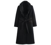 ZBZA Women's Warm Faux Fur Thick Coat Lace-up Fur Collar Long Sleeve Single Breasted Back Slit Solid Outercoat Winter Trenchcoat