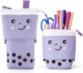 Estuche escolar vertical con dibujo de gato, estuche retráctil de lona, ​​color morado y lunares