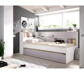 Vente-unique - Cama nido con compartimentos - 90 x 190 cm - Blanco y gris + somier + colchón - LOSIANA