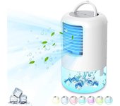 Enfriador de Aire Portátil Recargable 500 Ml, 4 en 1 con 3 Velocidades de Ventilador y 7 Luces LED, Temporizador de 2-4 Horas, Blanco