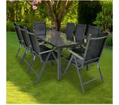 Conjunto de 9 piezas de muebles de jardín de aluminio de vidrio jardín conjunto de asientos grupo de comedor grupo de mesa sillas 190 SW