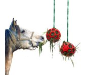Paquete de 2 bolas de tratamiento de caballo juguete alimentador de heno, juguete de alimentación colgante de bola de cabra para caballo cabra oveja aliviar el estrés