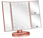 Espejo de maquillaje with Luz LED, iluminación ajustable 1X, 2X, 3X, Pantalla táctil plegable, rotación de 180 °, color rosa