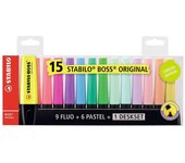 Stabilo Boss 70 Pack de 15 Marcadores Fluorescentes - Trazo 2-5mm - Recargable - Colores Surtidos
