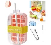 Cubitera 2 en 1, sin contacto, con pajita y tapa, bandeja vertical para cubitos de hielo, diseño sellado, apta para refrigeradores (rosa, 500 ml)
