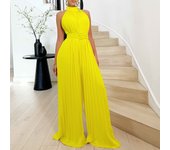 Elegant Pleated Jumpsuits & Rompers for Woman O Neck Sleeveless Belt Waisted Floor Length Wide Leg Party Birthday Outifts Cloth