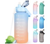 Botella de agua de 2 l sin BPA, para bebidas deportivas, con marcador de tiempo y tapa de bloqueo, a prueba de fugas, botella de agua de 2 litros con asa portátil, color rosa y rojo