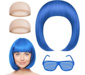 Juego de 4 pelucas cortas azules con lentes de sol y gorro para peluca, accesorio de neón para disfraces, peluca roja para fiesta de cosplay