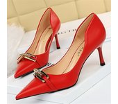 Women 7cm High Heels Pumps Lady Scarpins Nightclub Blue Nude Red Low Heels Wedding Party Metal Chain Buckle Mom Office Shoes