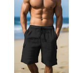 Men's linen multi pocket cargo shorts, outdoor fashionable waistband drawstring shorts